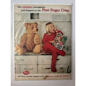 Vintage 1959 POST SUGAR CRISP Print Ad 50s Breakfast Cereal Teddybear Girl PJs